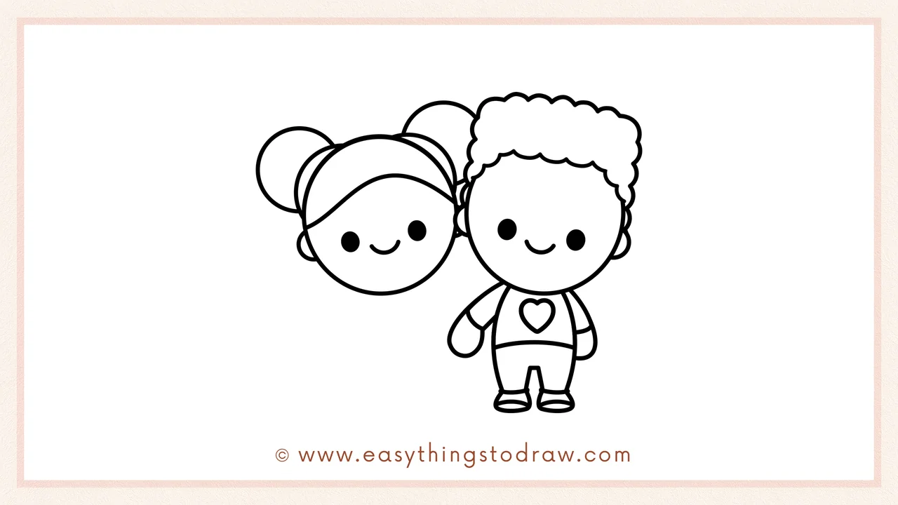 Step 4 of a step-by-step Valentine's Day friends sketch – Drawing the second friend's head with smooth hair styled into two buns.