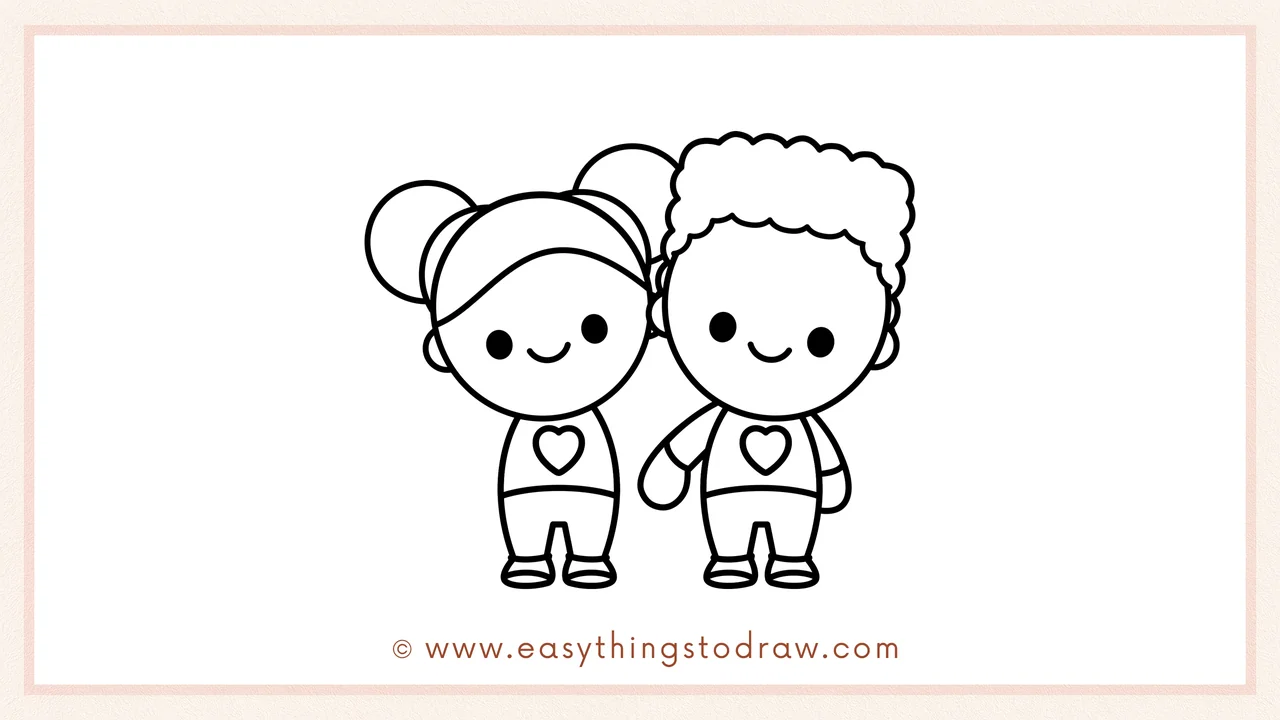 Step 5 of easy Valentine's Day friends drawing steps – Sketching the body, heart shirt, legs, and shoes for the second friend.