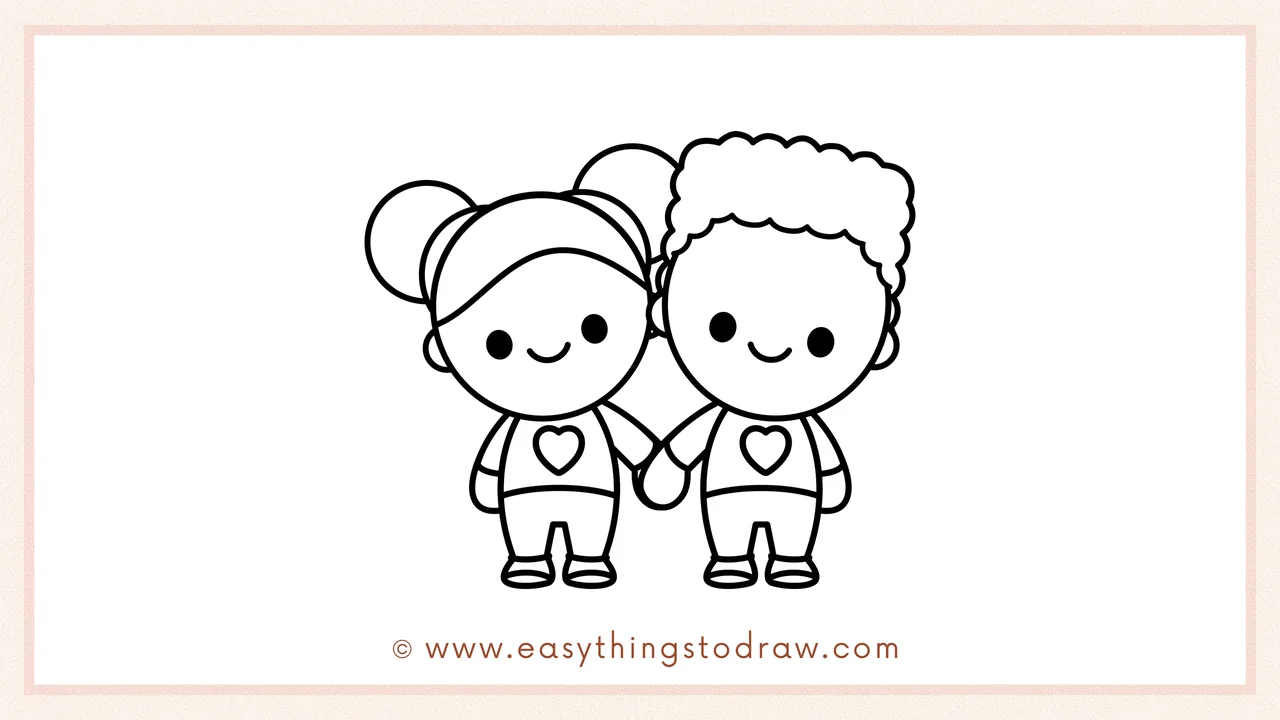 Step 6 of a simple Valentine's Day friends drawing tutorial – Connecting the hands of the two friends to show them holding hands.
