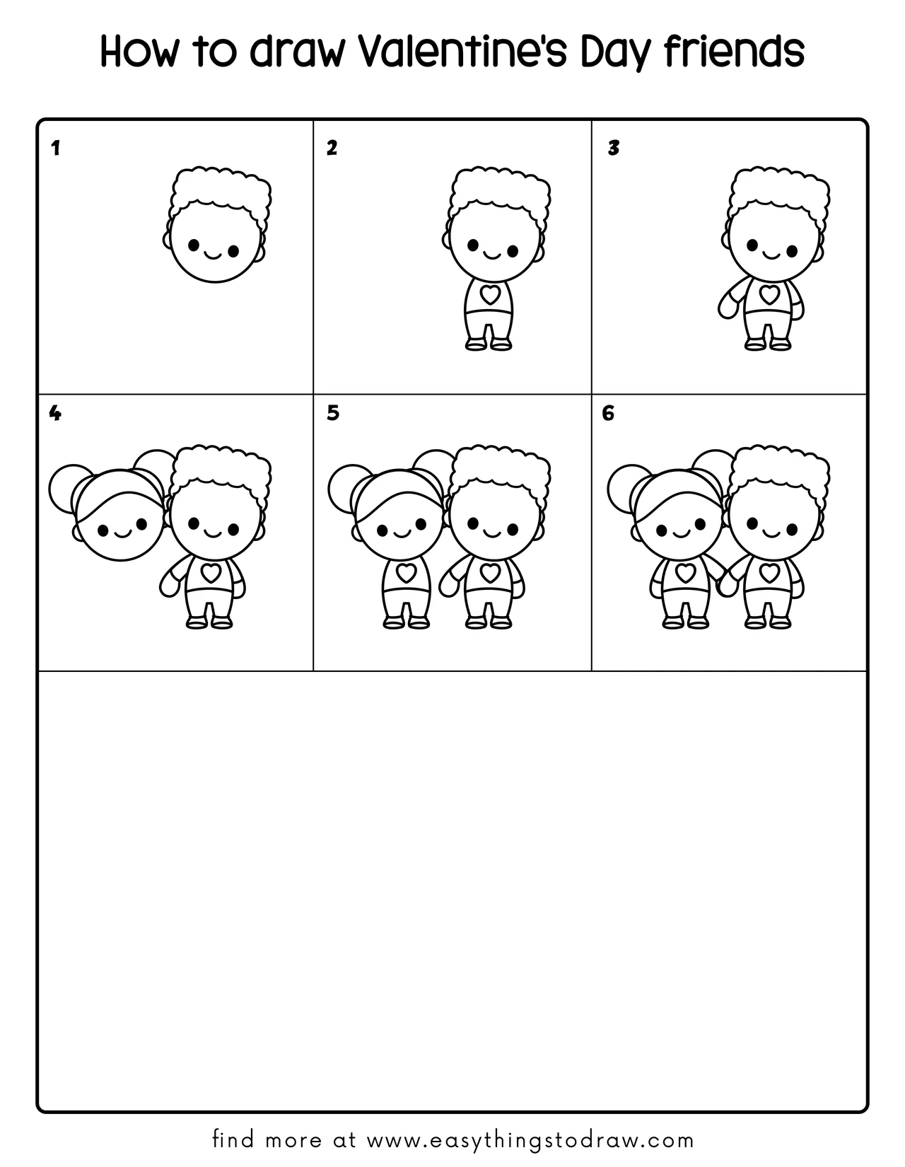 A step-by-step drawing tutorial grid showing how to draw cute Valentine's Day friends in 6 easy steps for kids and beginners.