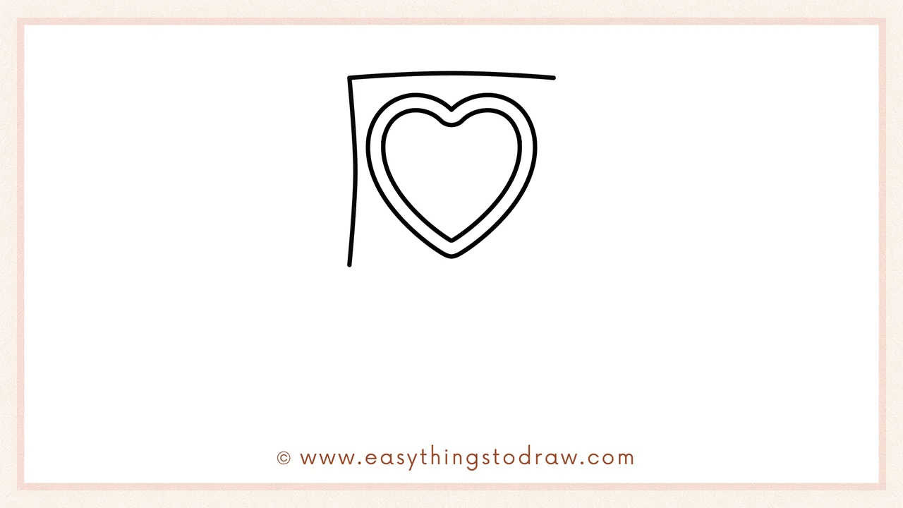 Step 3 of sketching a valentines day lollipop for beginners – Drawing curved lines at the base of the heart to start the wrapper.