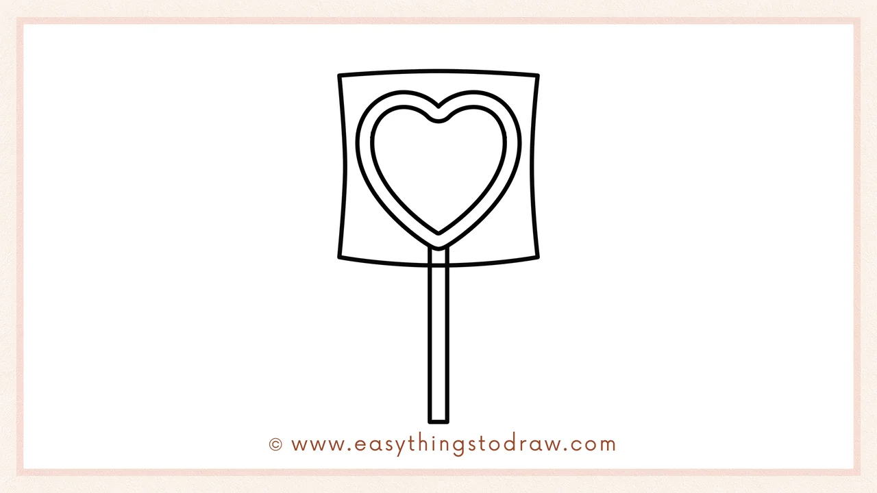 Step 5 of easy valentines day lollipop drawing steps – Drawing a long, thin rectangle downward from the wrapper to form the stick.