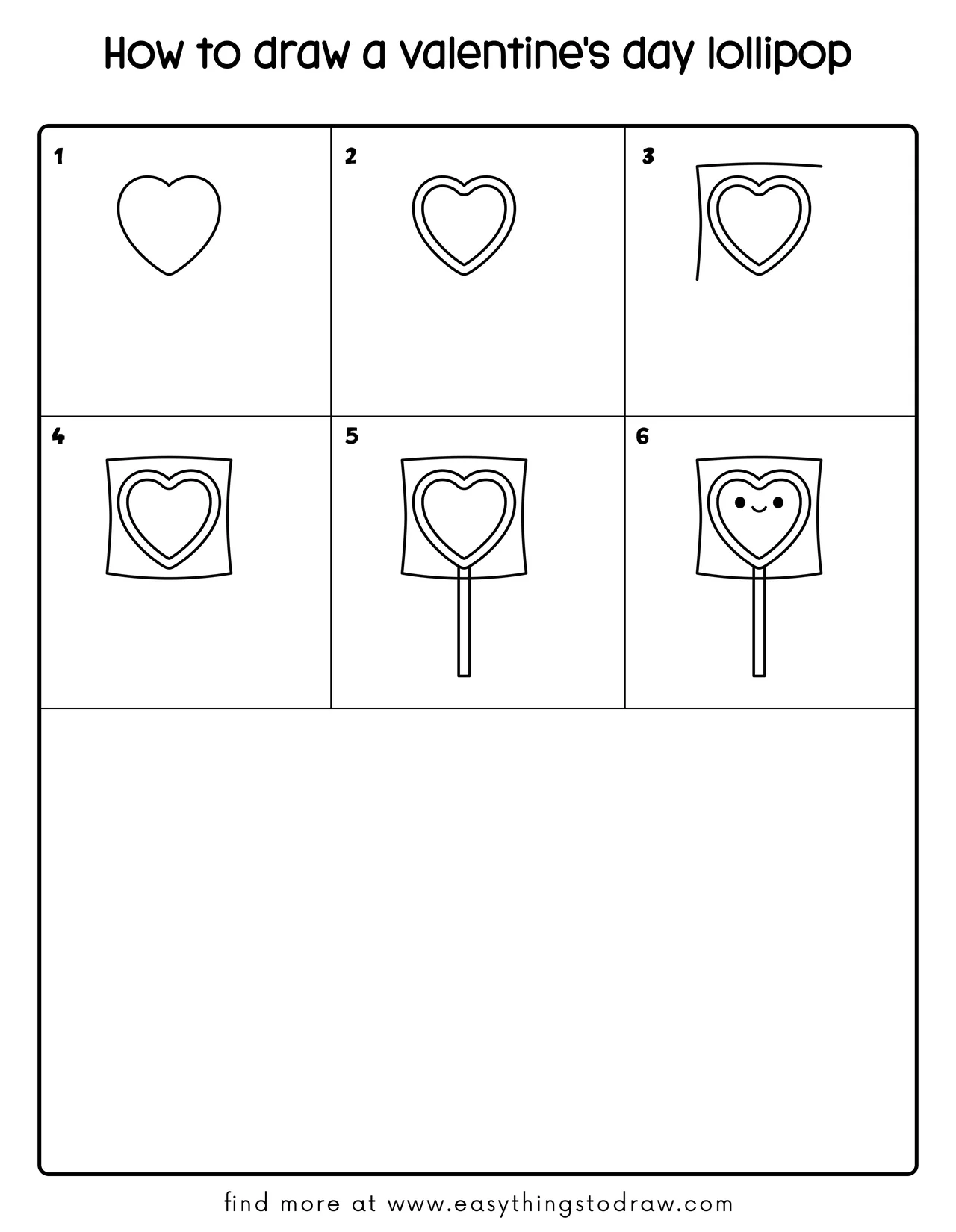 Step-by-step drawing tutorial showing how to draw a cute Valentine's Day lollipop in 6 easy steps for kids and beginners.