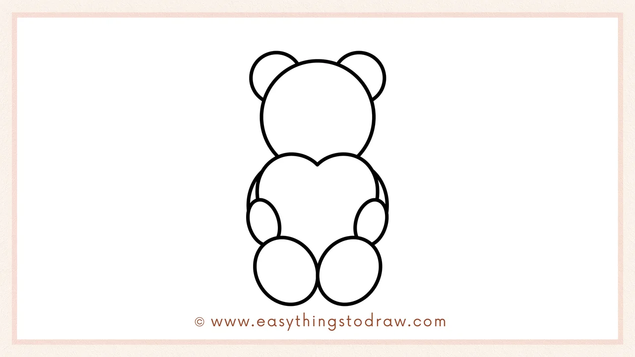 Step 4 of step-by-step Valentine's Day Teddy Bear sketch – Adding an oval arm on each side of the heart body and small circles inside the ears.