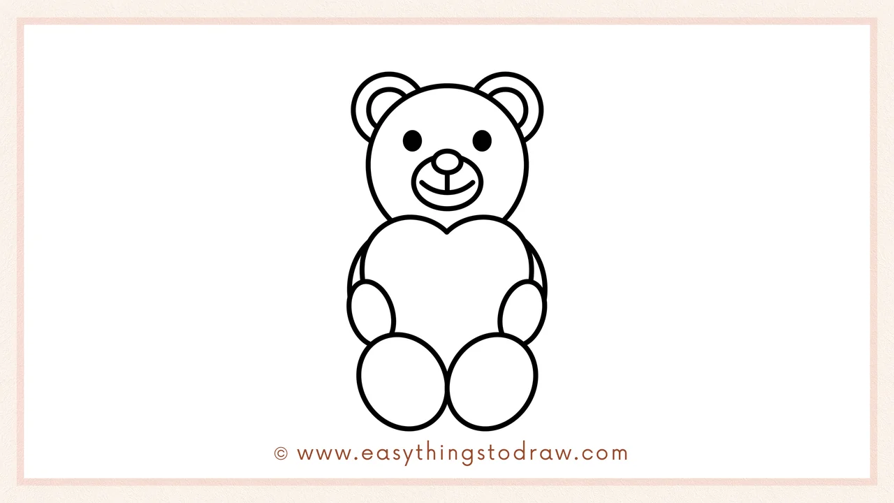 Step 5 of easy Valentine's Day Teddy Bear drawing steps – Drawing two dots for eyes, a round nose, and a simple smile to create a friendly face.