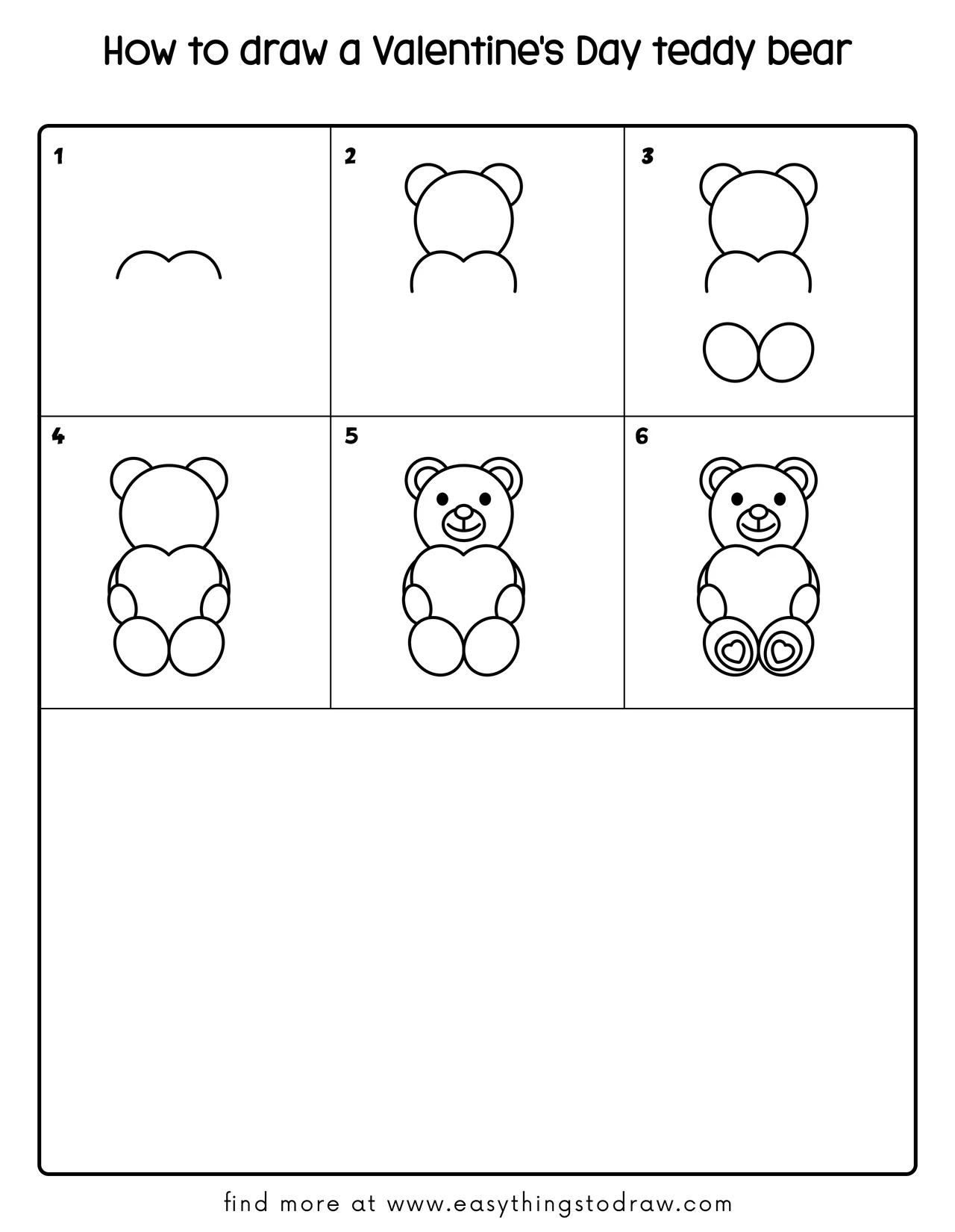 Step-by-step drawing tutorial showing how to draw a cute Valentine's Day teddy bear in 6 easy steps for kids and beginners.