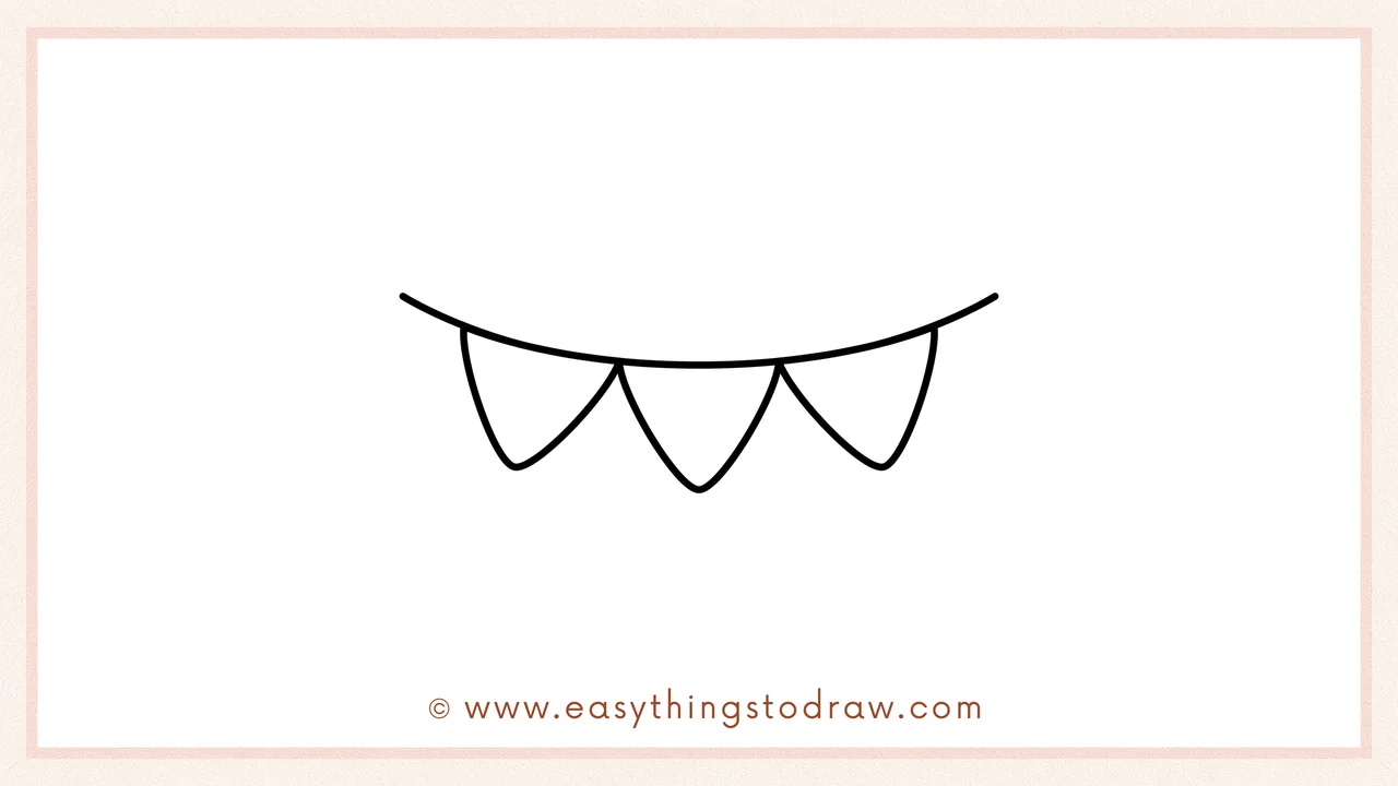 Step 5 of easy bunting banner drawing steps – Adding a fourth triangle flag to complete the full four-flag banner.