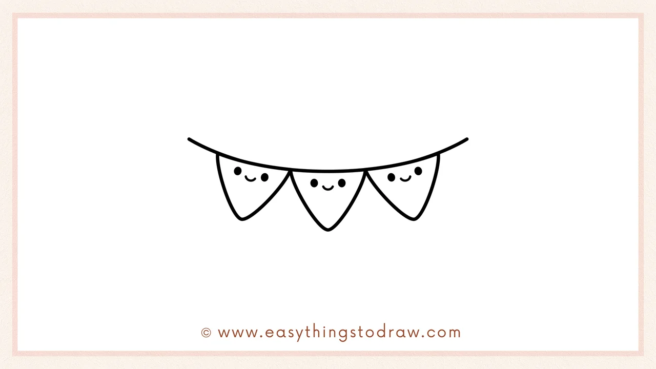 Step 6 of a simple bunting banner drawing tutorial – Drawing two small eyes and a smiley face on each flag to make them look cute.