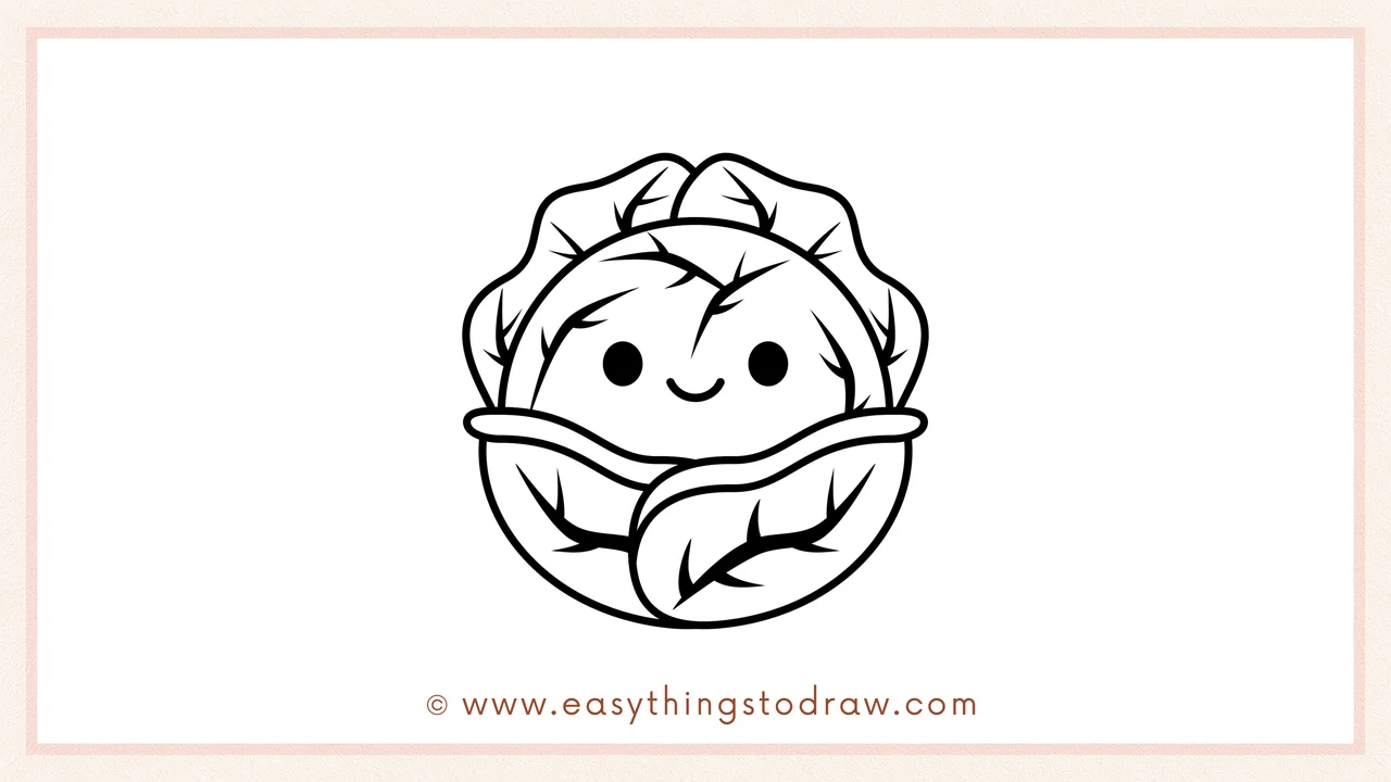 Step 6 of a simple cabbage drawing tutorial – Adding two simple eyes and a smile to give the cabbage a cute face.