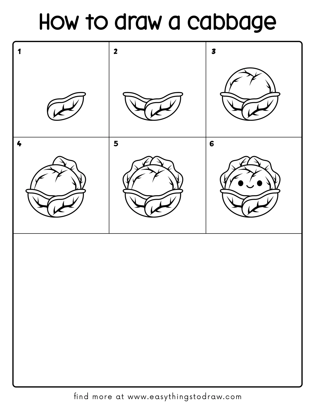 Step-by-step drawing tutorial showing how to draw a cute cabbage in 6 easy steps, perfect for kids and beginners.