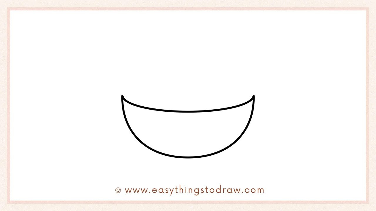 Step 1 of how to draw a cereal – Sketching a large U-shaped curve for the bowl and a shallow curve on top for the rim.