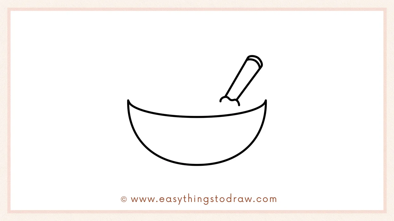 Step 2 of drawing a cereal – Adding a long diagonal rectangle with a curved top inside the bowl to form the spoon.