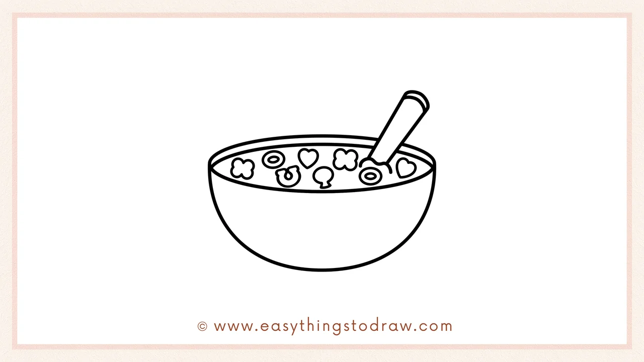 Step 5 of easy cereal drawing steps – Drawing more fun shapes like a horseshoe and a ring to make the bowl look full.