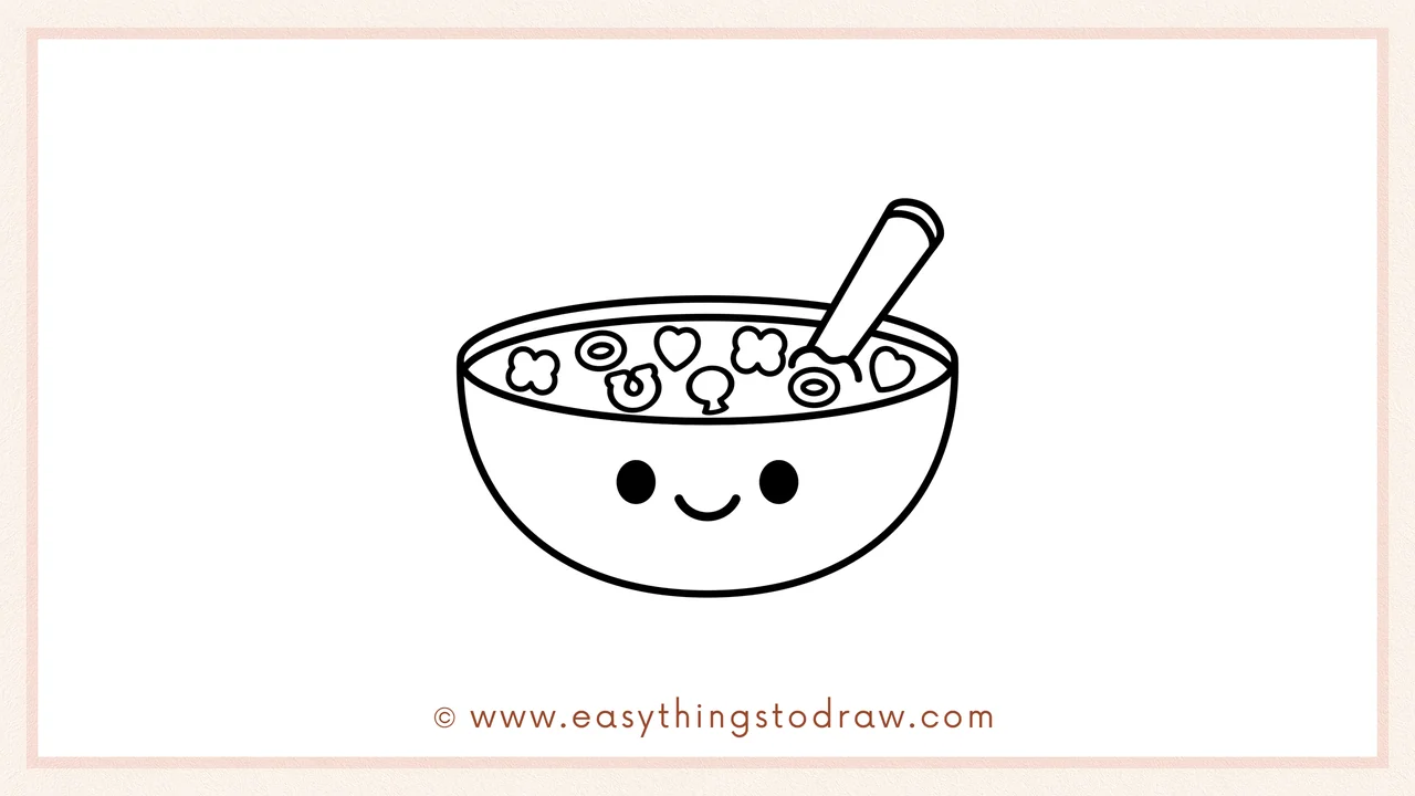 Step 6 of a simple cereal drawing tutorial – Adding two dots for eyes and a curved mouth to the bowl and coloring the drawing.