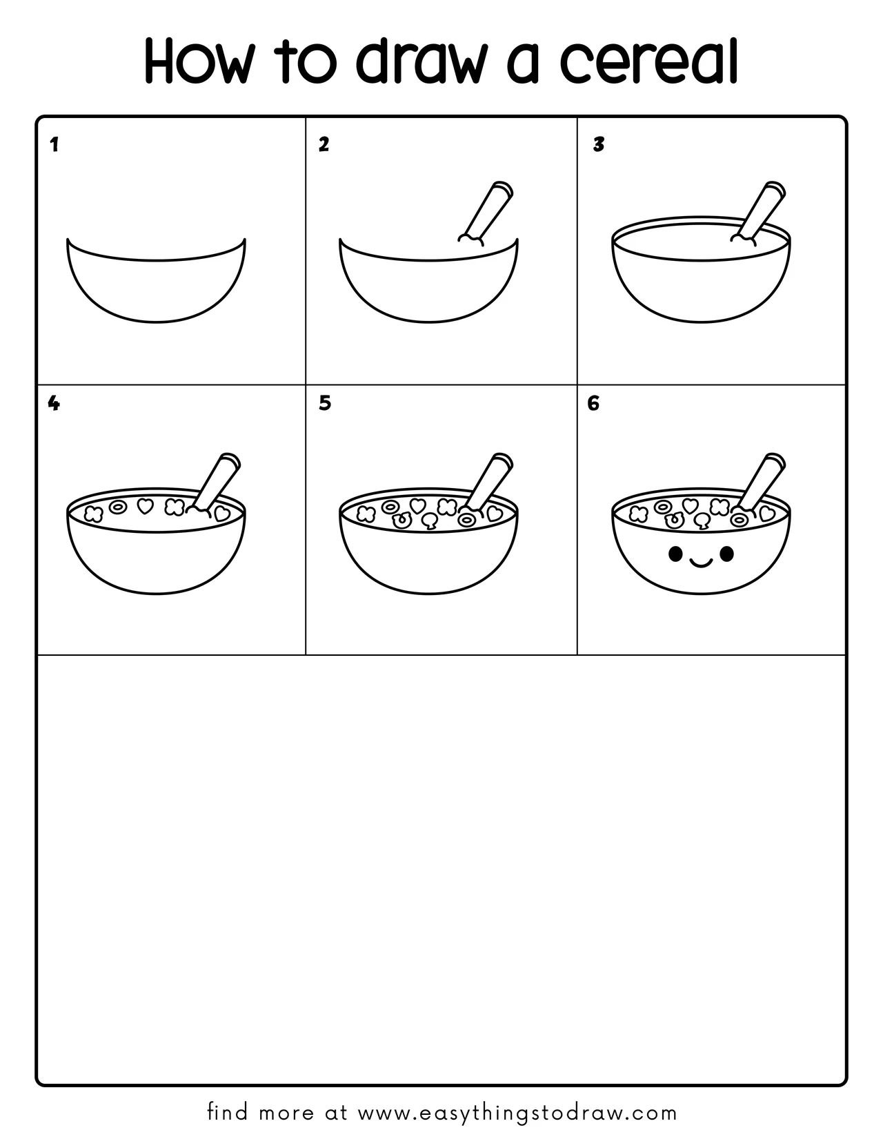 Step-by-step drawing tutorial showing how to draw a cute bowl of St. Patrick's Day cereal in 6 easy steps for kids and beginners.