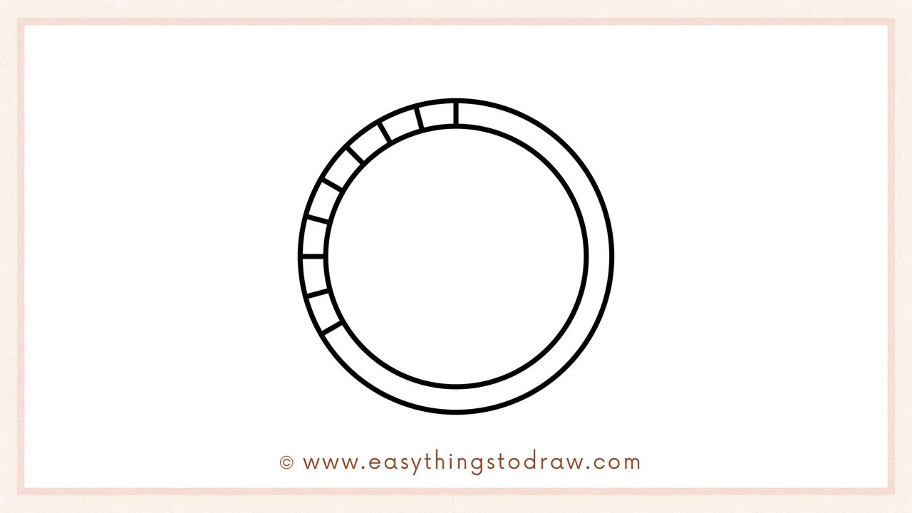Step 3 of sketching a coin for beginners – Drawing small vertical rectangles along the inner rim to start the border detail.