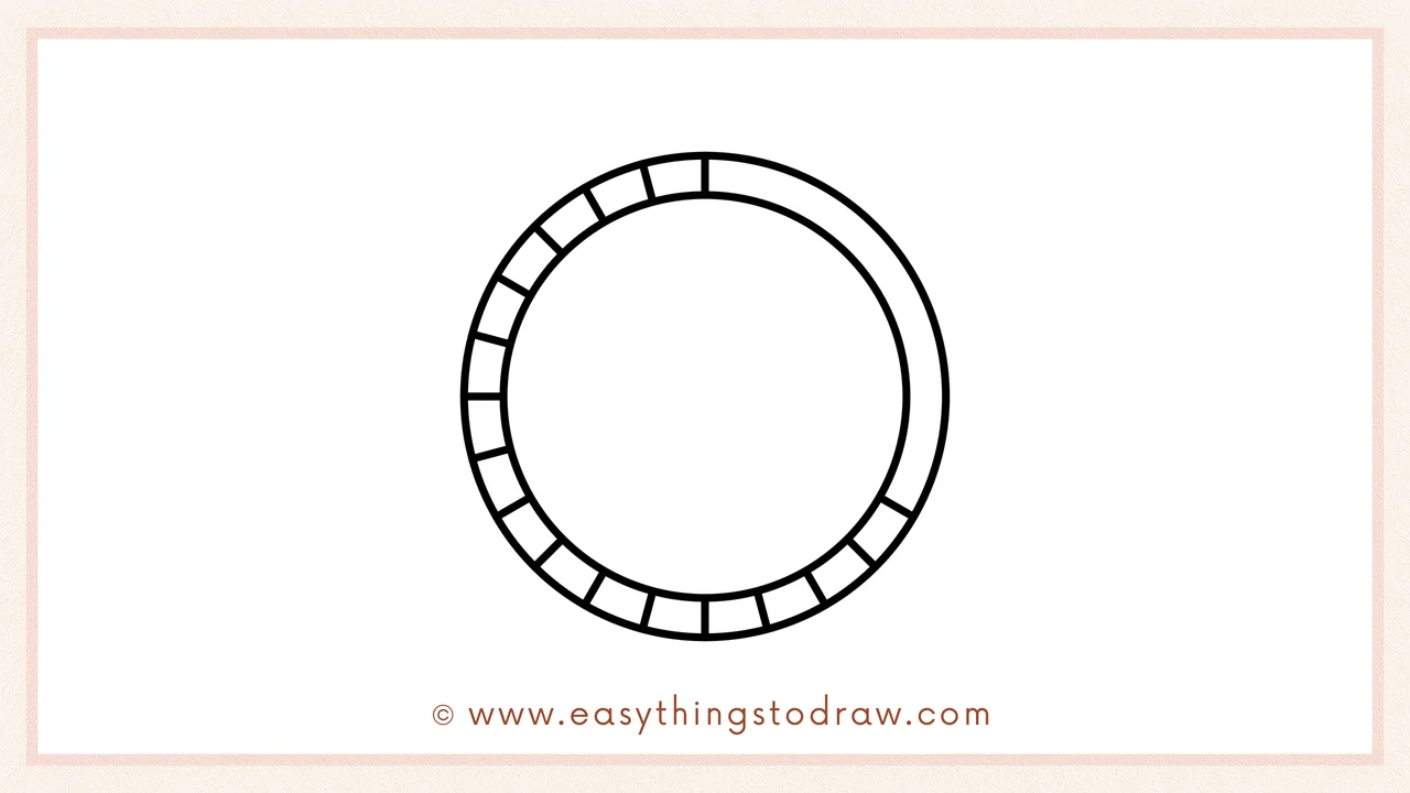 Step 4 of a step-by-step coin sketch – Continuing to add evenly spaced vertical rectangles around the inner circle.