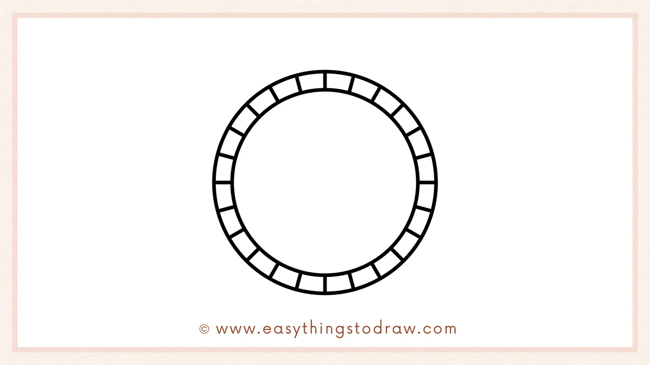 Step 5 of easy coin drawing steps – Completing the border by drawing rectangles all the way around the inner rim.
