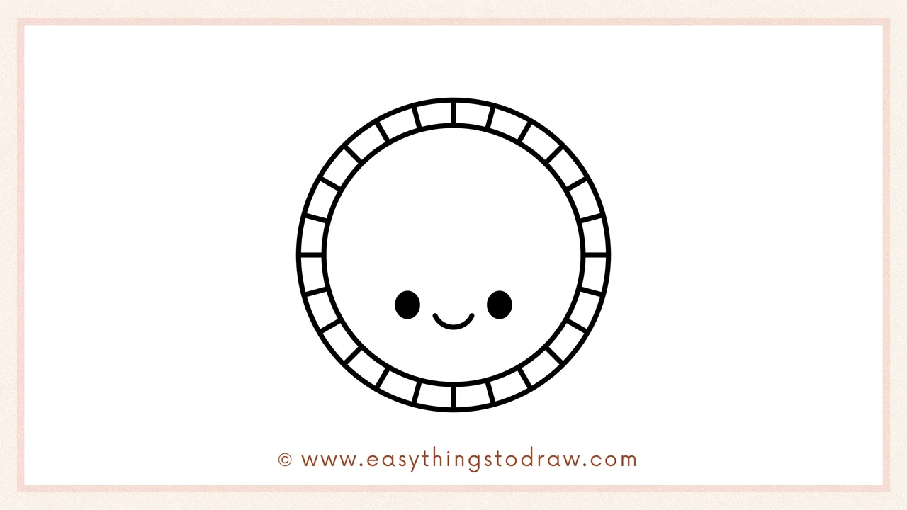 Step 6 of a simple coin drawing tutorial – Adding two dots for eyes and a smile, then coloring the coin golden yellow.