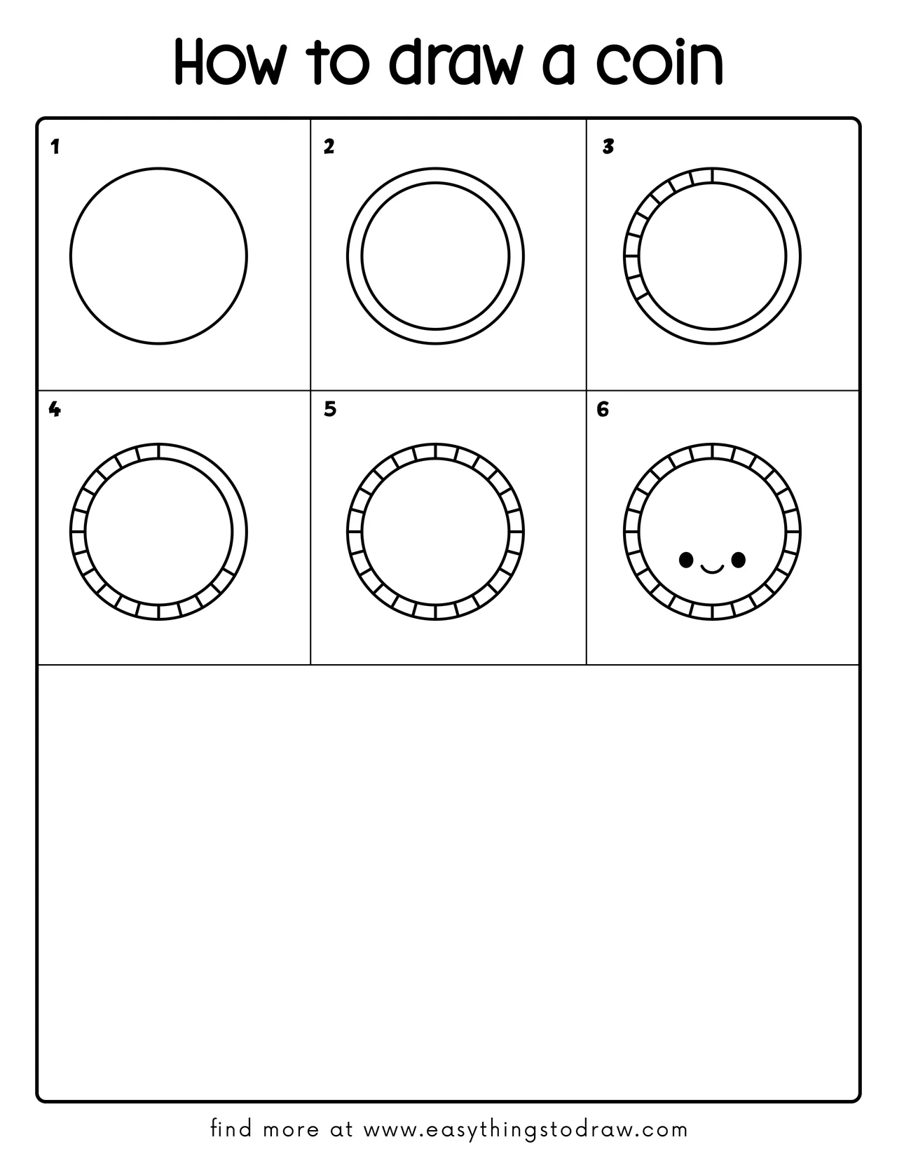 Step-by-step drawing tutorial showing how to draw a cute lucky coin in 6 easy steps for kids and beginners.