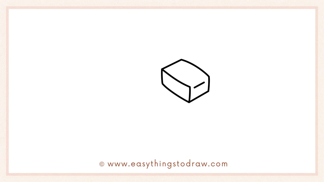 Step 1 of how to draw a corned beef – Sketch a slightly tilted, rounded rectangular block for the main piece of meat.