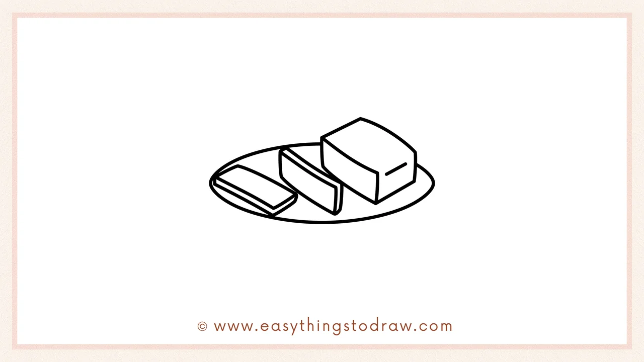 Step 4 of a step-by-step corned beef sketch – Draw a large oval shape underneath the beef slices to create the plate.