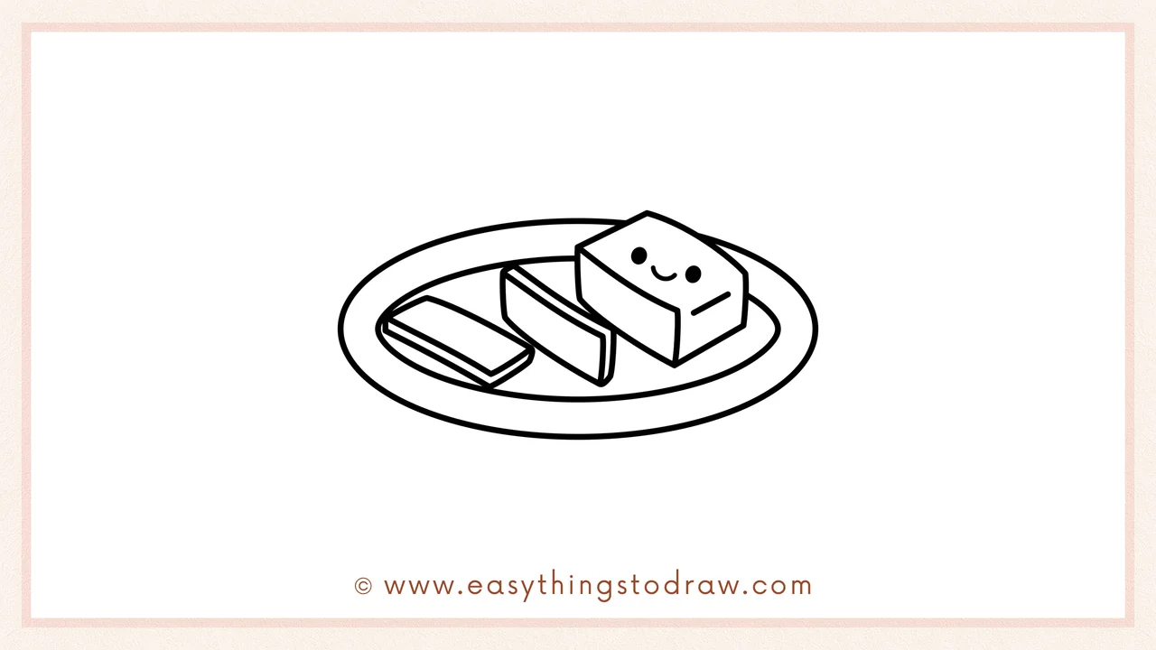 Step 6 of a simple corned beef drawing tutorial – Add two dots for eyes and a smiling mouth, then color the drawing.