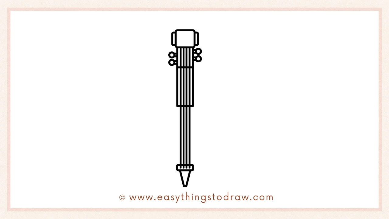 Step 2 of drawing a fiddle – adding four vertical lines for strings and small circles for the tuning pegs.