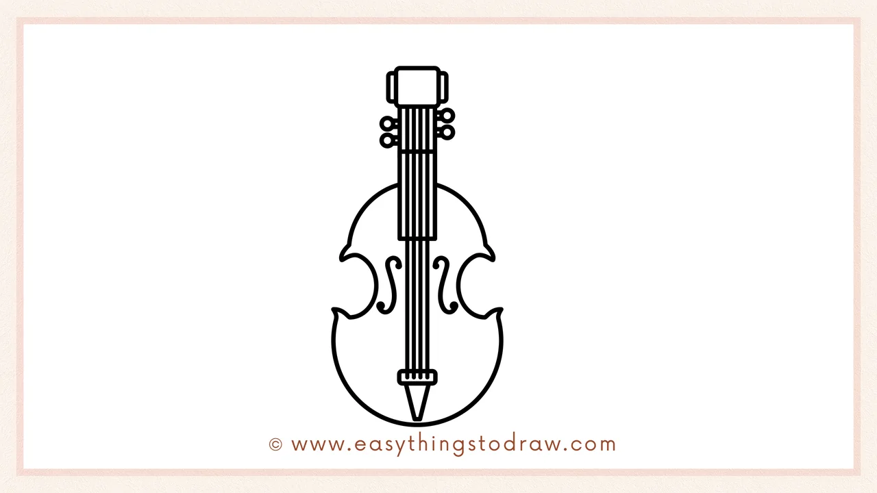 Step 3 of sketching a fiddle for beginners – drawing the rounded body below the neck and adding two curly 'f' holes.