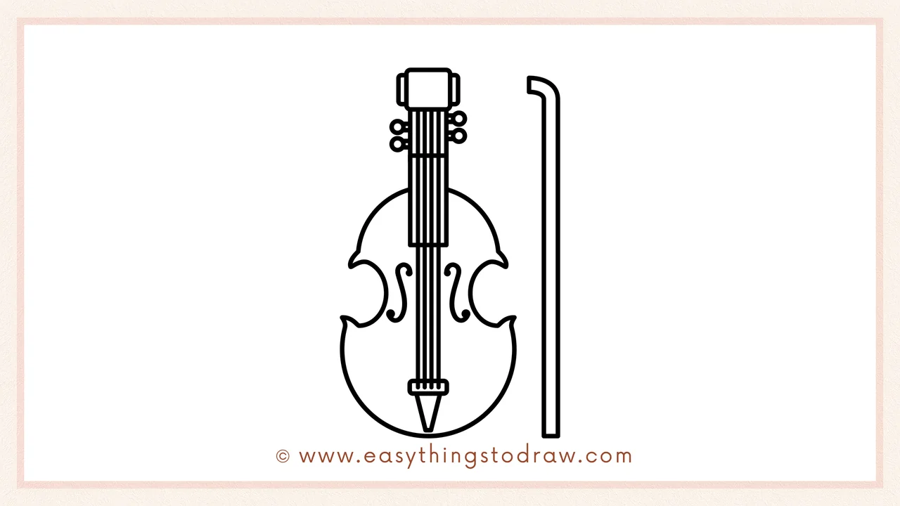 Step 4 of a step-by-step fiddle sketch – drawing a long, curved stick next to the fiddle for the bow.