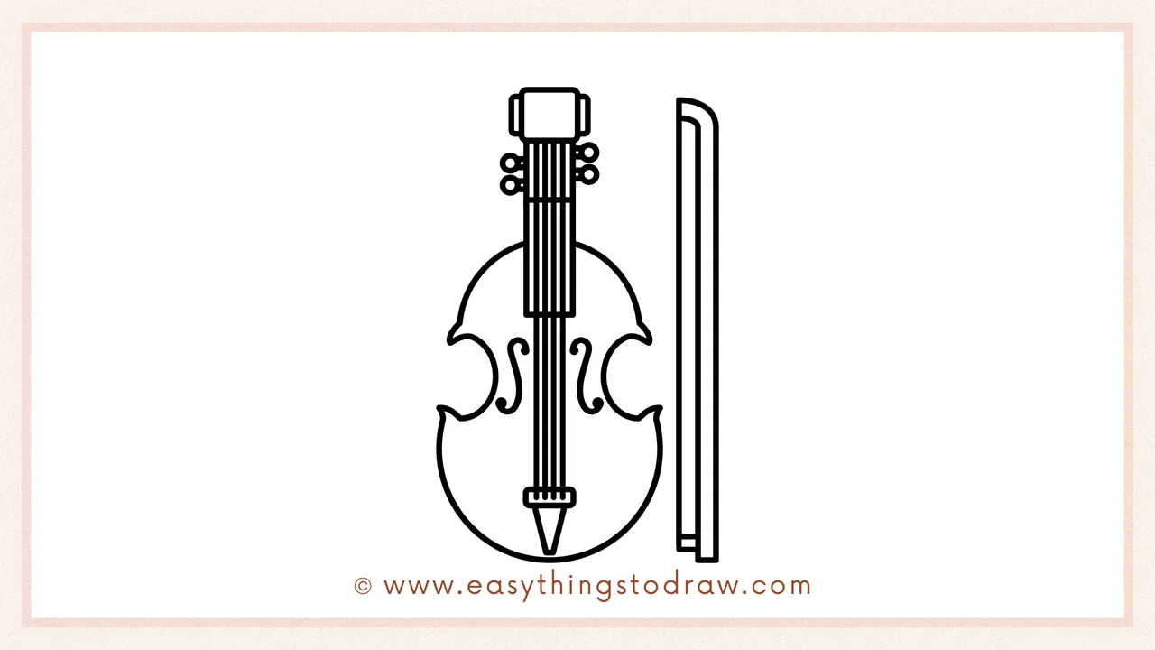 Step 5 of easy fiddle drawing steps – adding thickness to the bow and a small rectangle at the bottom for the grip.