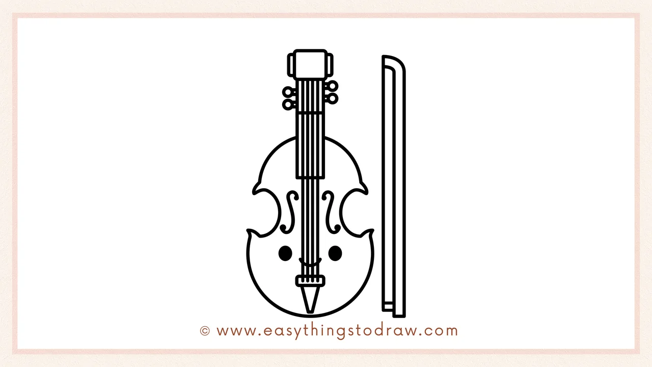 Step 6 of a simple fiddle drawing tutorial – giving the fiddle happy eyes and a smile before coloring it in.