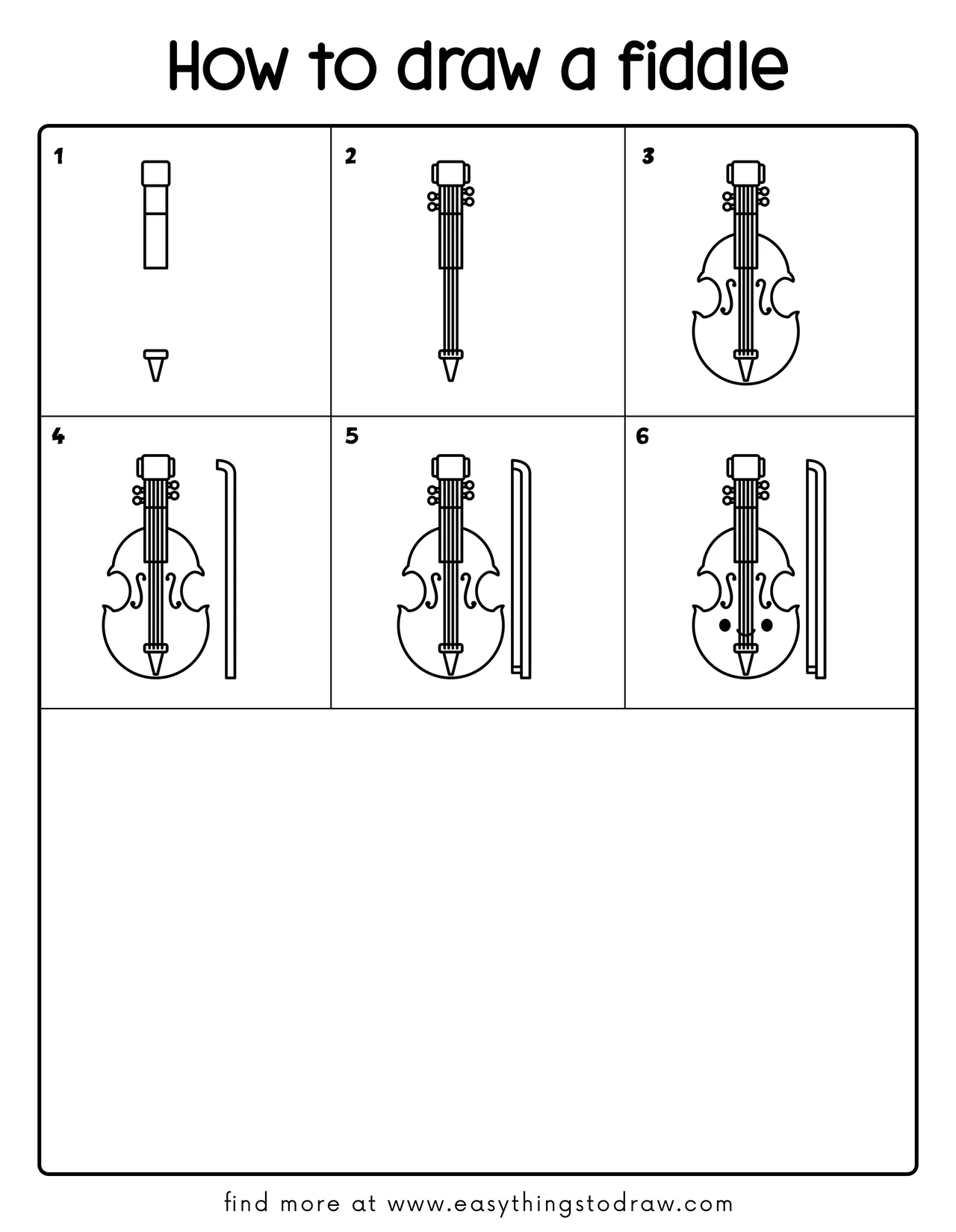 Step-by-step drawing tutorial showing how to draw a cute cartoon fiddle in 6 easy steps for kids and beginners.