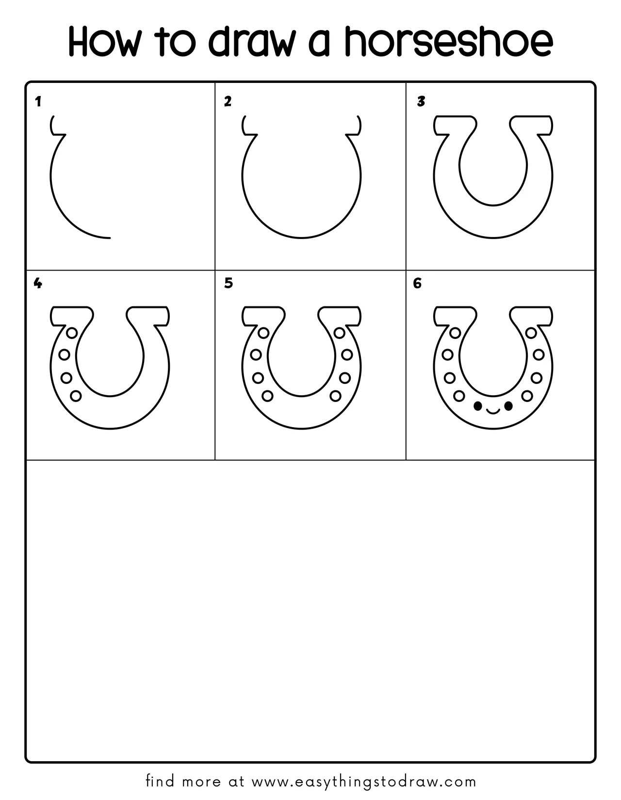 Step-by-step drawing tutorial showing how to draw a cute horseshoe in 6 easy steps for kids and beginners.