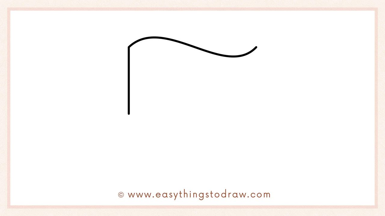 Step 1 of how to draw an irish flag – Sketching a short vertical line for the pole and a long wavy line for the top of the flag.