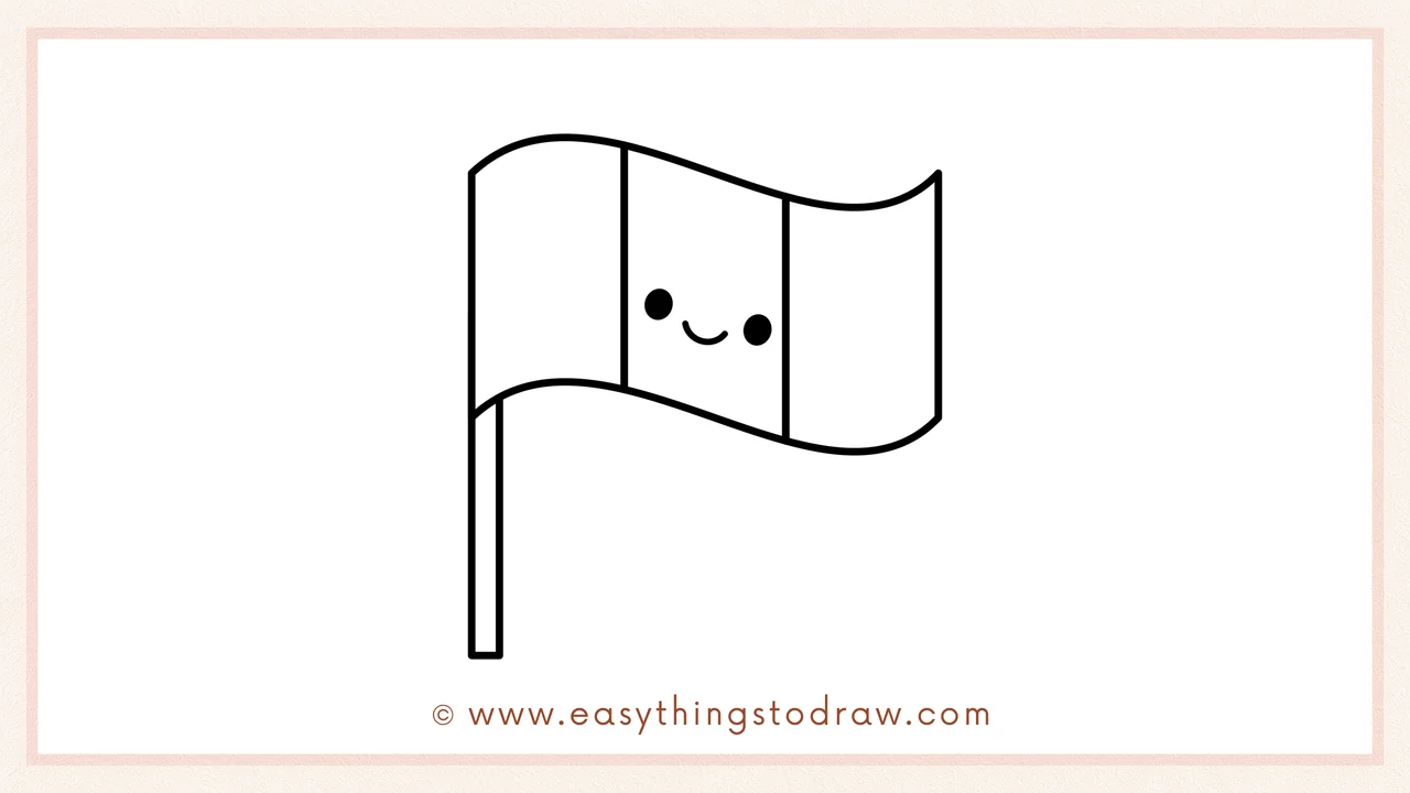 Step 6 of simple irish flag drawing tutorial – Adding two dots for eyes and a smile, then coloring the stripes green, white, and orange.