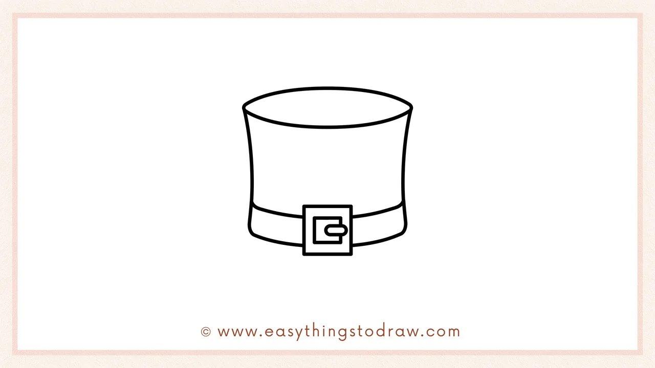 Step 4 of a step-by-step leprechaun hat sketch – Adding a curved band that runs across the hat behind the buckle.