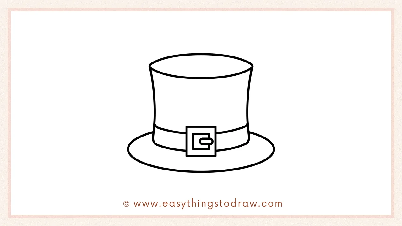 Step 5 of easy leprechaun hat drawing steps – Sketching a wide oval brim underneath the body of the hat.
