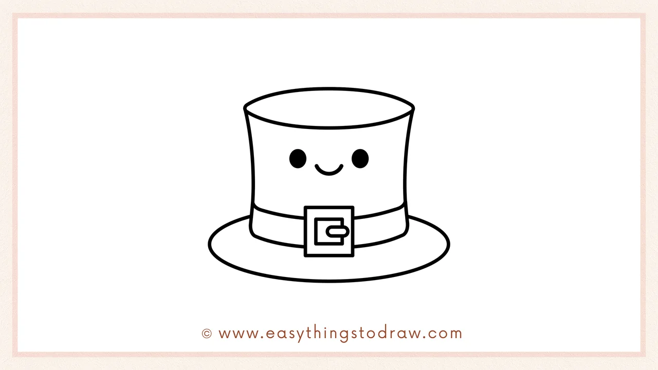 Step 6 of a simple leprechaun hat drawing tutorial – Adding two eyes and a smile to the hat's face before coloring it in.
