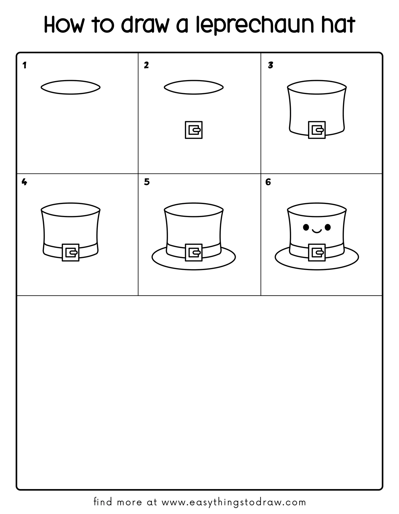Step-by-step drawing tutorial showing how to draw a cartoon leprechaun hat in 6 easy steps for kids and beginners.