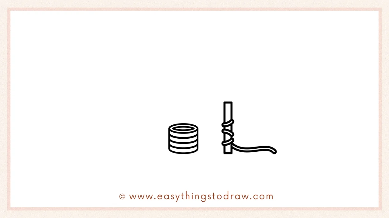 Step 3 of sketching a leprechaun trap for beginners – Add a straight vertical stick behind the rope and coins.