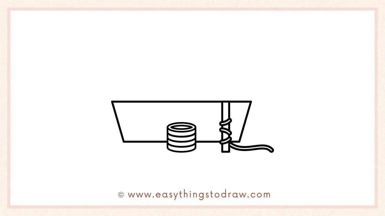 Step 4 of a step-by-step leprechaun trap sketch – Draw a wide, slanted rectangle resting on the stick for the box front.