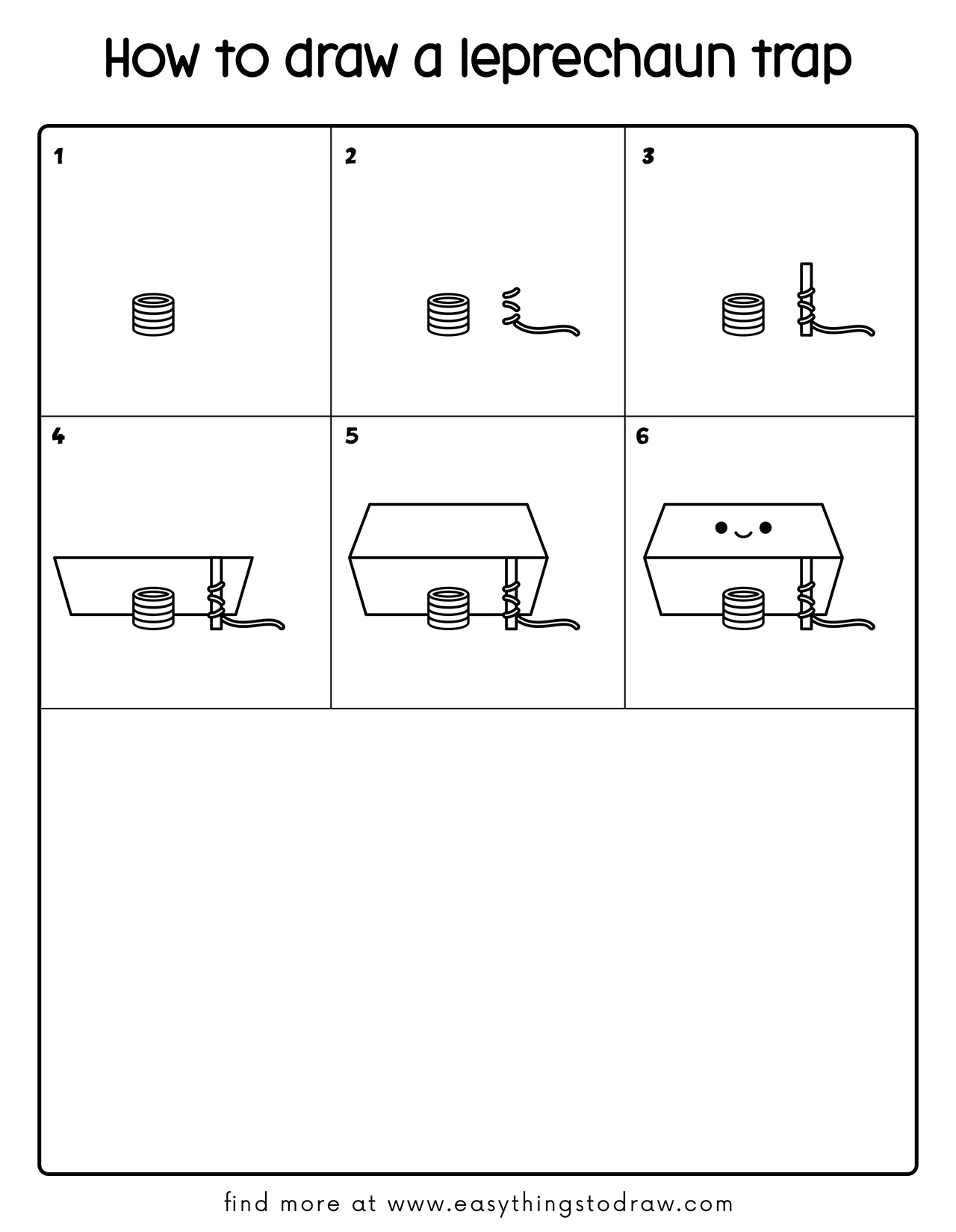 Step-by-step drawing tutorial showing how to draw a cute leprechaun trap in 6 easy steps for kids and beginners.
