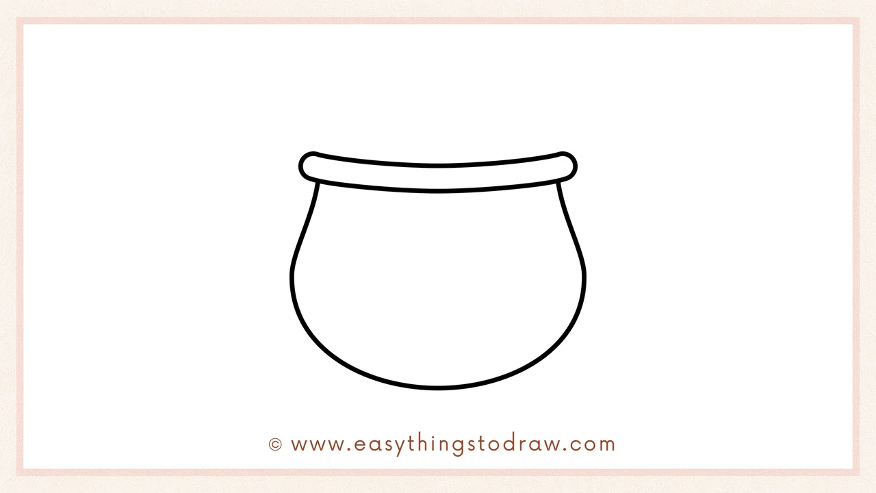 Step 2 of drawing a pot of gold – Sketching the round, wide body of the pot underneath the rim.