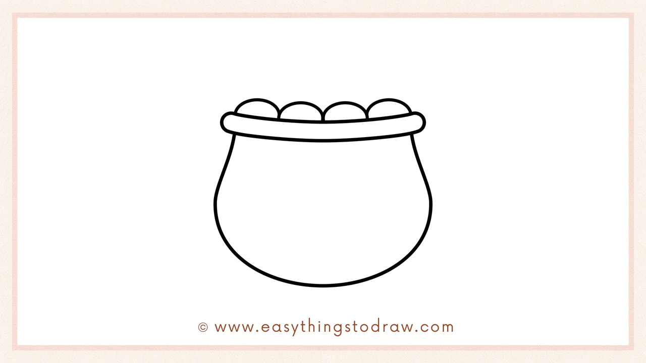 Step 3 of sketching a pot of gold for beginners – Adding a row of half-circle shapes on top of the rim for the first layer of coins.