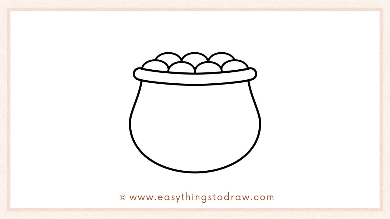 Step 4 of step-by-step pot of gold sketch – Adding a second, overlapping row of bumpy coin shapes behind the first.