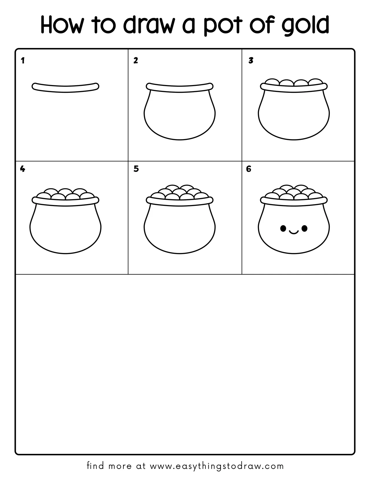 Step-by-step drawing tutorial showing how to draw a cute pot of gold in 6 easy steps for kids and beginners.