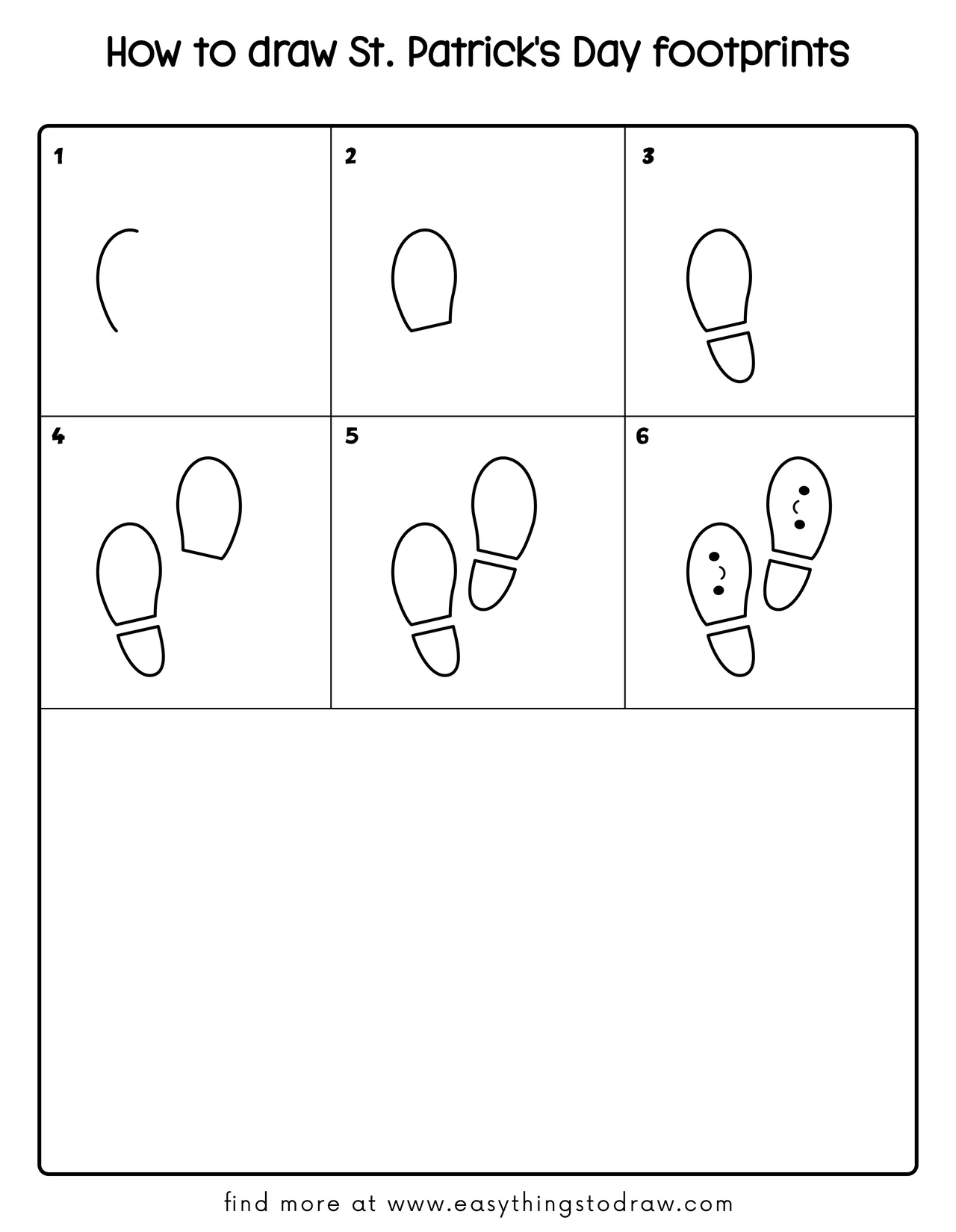 Step-by-step drawing tutorial showing how to draw cute St. Patrick's Day footprints in 6 easy steps for kids and beginners.