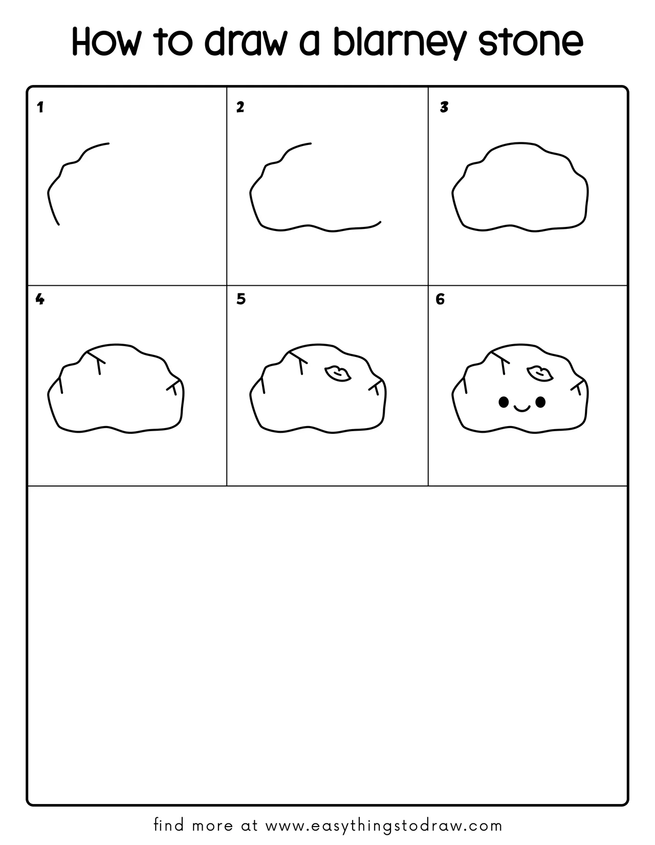 Step-by-step drawing tutorial showing how to draw a cute cartoon blarney stone in 6 easy steps for kids and beginners.