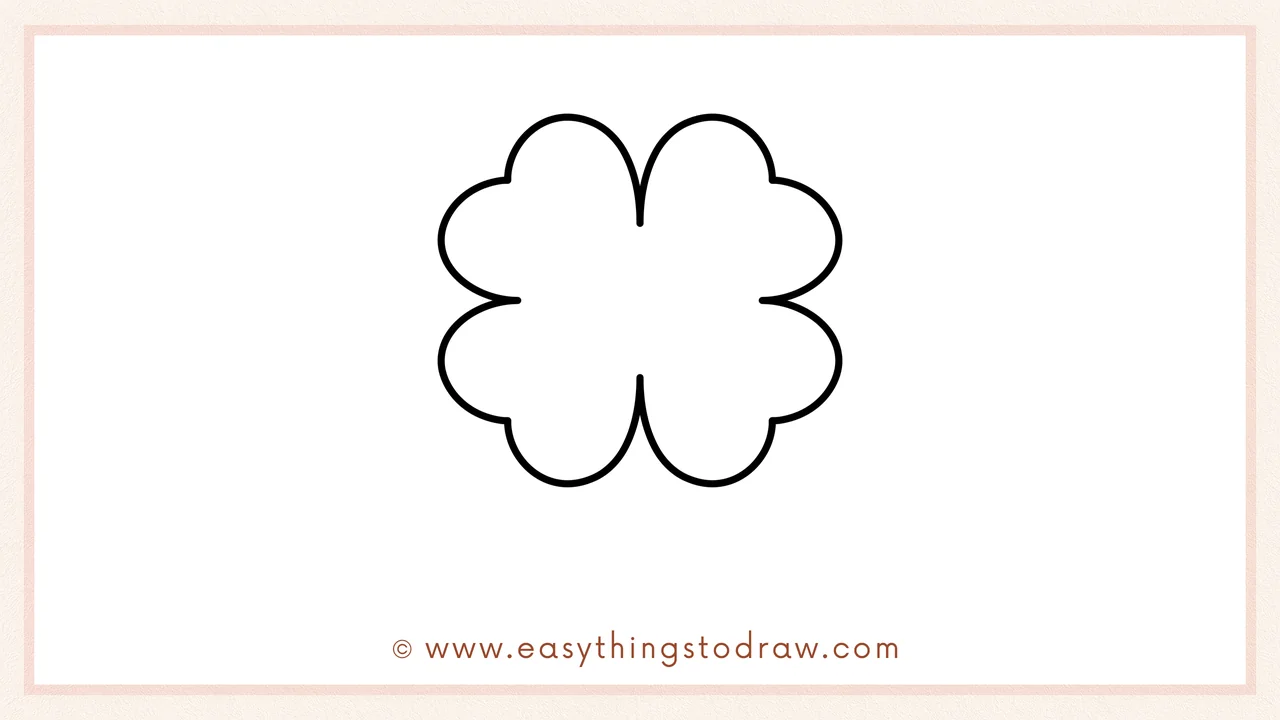Step 4 of step-by-step four-leaf clover sketch – The final rounded leaf shape is drawn on the right side to complete the four leaves.